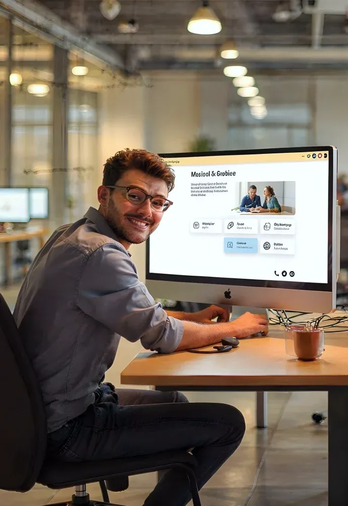Gelukkige werknemer aan het werk aan een bureau - Links